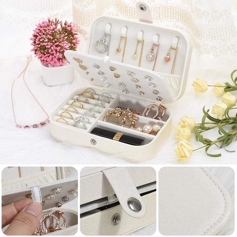 jiemei Jewelry Box, Travel Jewelry Organizer Cases with Doubel Layer for Womenâ€™s Necklace Earrings Rings and Travel Accessories(White) - Image 5